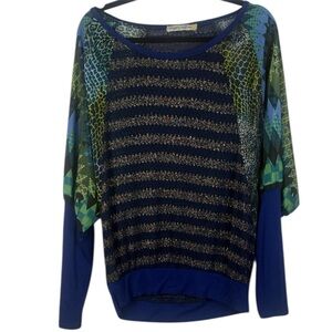 Figueroa & Flower Blue Gold Sheer Geometric Pattern Dolman Sleeve Knit Top